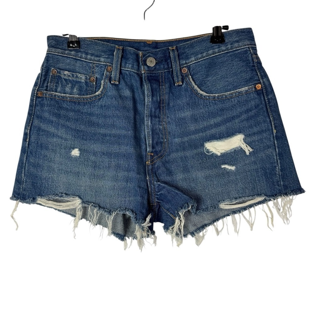 Levi's 501 Medium Blue Button Fly High Waist Distressed Denim Shorts 27